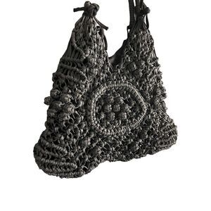 Clever Carriage Company Womens Black Crocheted Positano Hand Macrame Satchel Bag